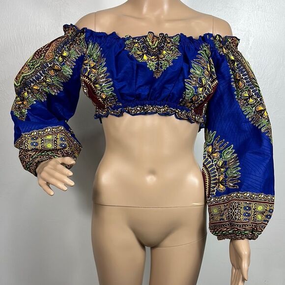 ME2 Blue Off The Shoulder Long Sleeve Patterned Cropped Top Size S - Picture 1 of 4